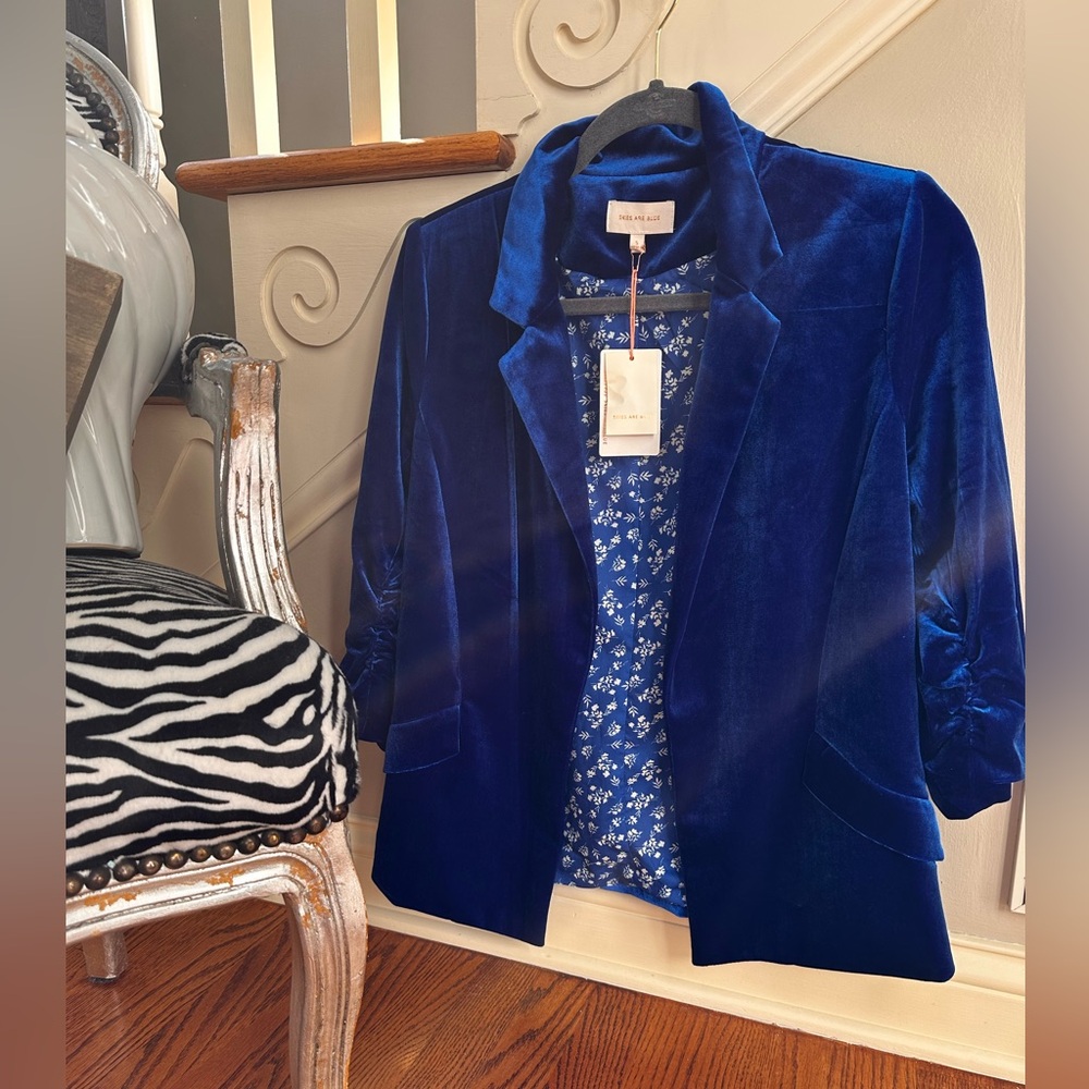 Skies Are Blue Blue Velvet Jacket cropped sleeves. New With Tags Size Small